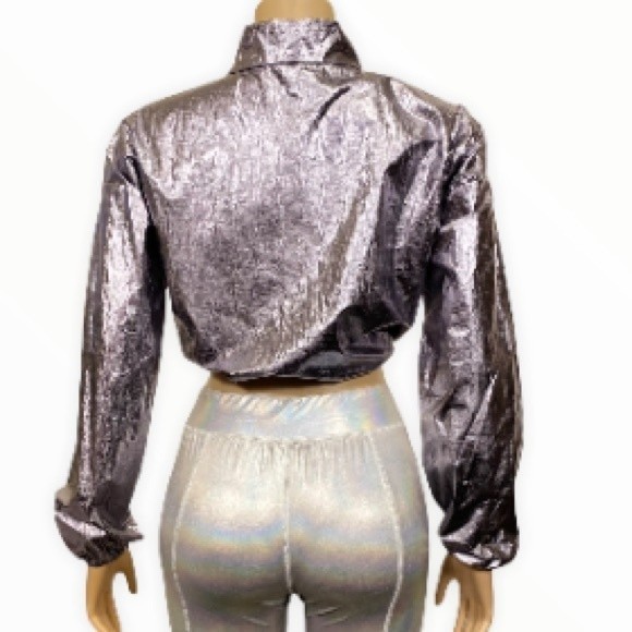 Y2K Blanc Metallic Crop top Shiny 1/4 Zip Long sleeves Drawstring waist Large - Picture 4 of 13